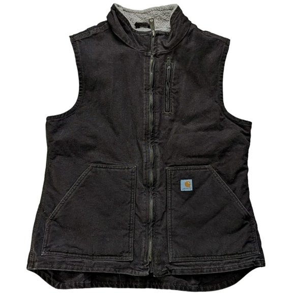 Carhartt Mock Neck Brown Sherpa Lined Canvas Vest Full Zip Size Medium - Picture 1 of 7